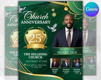 Può includere: Un volantino verde e oro per l'anniversario della chiesa con il testo "Church Anniversary 25th". Il volantino presenta una foto di un uomo in giacca e cravatta e il testo "Hosted by Henry Den". Include il testo "The Hillsong Church" e i dettagli dell'evento.