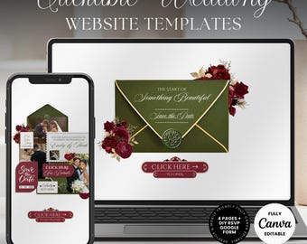 May include: A laptop and smartphone display a wedding website template. The laptop screen shows a green envelope design with text "The Start of Something Beautiful" and "Save the Date." The smartphone shows a similar design with wedding photos. The text "Clickable Wedding WEBSITE TEMPLATES" is at the top.