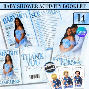 May include: A baby shower activity booklet set featuring 14 pages with light blue floral designs. The pages include a cover with a pregnant person in a blue dress, a word scramble game, a thank you card, and Who Has The Baby Daddy game cards.