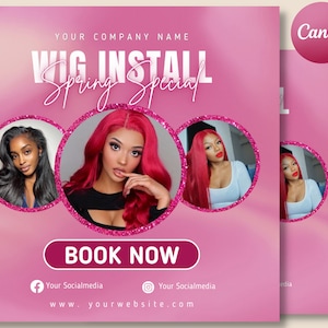 Wig Install Specials Flyer | DIY Hair Salon Appointment Book Now Sale Bundles Wigs Booking Salon Price List Editable Canva Flyer Template