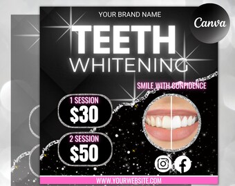 May include: A black and white graphic with the text "TEETH WHITENING" in large white letters. The graphic also includes a before and after image of a person's teeth, with the text "SMILE WITH CONFIDENCE" below. The graphic also includes pricing information for one and two sessions of teeth whitening.