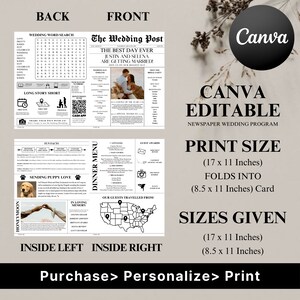 May include: A black and white printable wedding programme template with a newspaper design. The front page features the text "The Wedding Post" and "The Best Day Ever Justin and Selena Are Getting Married!" The back page features a wedding word search, a long story short section, and a fun facts section. The inside pages feature a dinner menu, guest awards, and a map of the United States with pins marking where guests travelled from. The template is designed to be printed on 17 x 11 inch paper and folded into an 8.5 x 11 inch card.