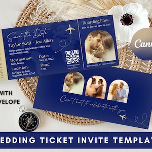 Photo de billet "Retenez cette date" or et bleu roi, faire-part de mariage, carte d'embarquement personnalisée, faire-part de mariage, billet de mariage, carte "Retenez cette date"