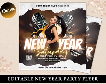 May include: A New Year's Eve party flyer with a woman in a black dress, speakers, and champagne bottles. The flyer has the text "NEW YEAR Saturday" in gold, with event details and a website address. The flyer is designed for a night club.