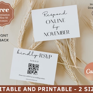 May include: Two white cards with black text. The top card says "Respond Online by November". The bottom card says "kindly RSVP by 06-11-22" and has a QR code. The cards are on a beige background with dried wheat stalks.