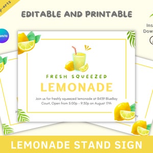 Lemonade Stand Sign | Editable Sign, Lemonade Sign, Summer Sign, Printable Sign, Drinks Sign, Custom Lemonade, Canva Template