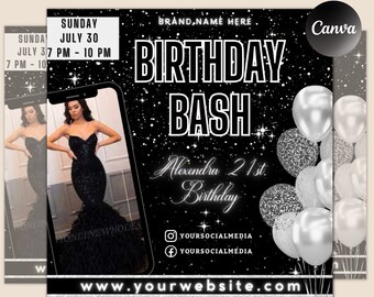 Birthday Flyer, Birthday Girl, Birthday Template, DIY Golden Goddess Bday Social Media Instagram Invitation. Hair Lash Nails  Canva Flyer