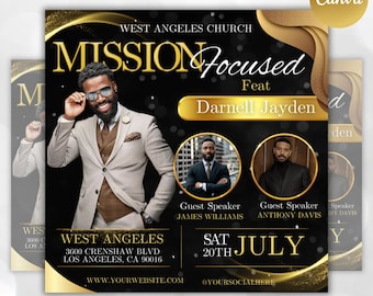 May include: A black and gold church flyer with the text "MISSION Focused" and "West Angeles Church". The flyer features a photo of a man in a suit and the text "Feat Darnell Jayden".