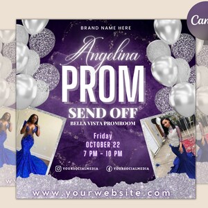 Op de afbeelding: Een paarse en zilveren uitnodiging voor een afscheidsbal met een foto van een vrouw in een blauwe jurk. De uitnodiging bevat de tekst "Angelina Prom Send Off" en "Bella Vista Promroom". De datum en tijd van het evenement zijn vermeld als "Vrijdag 22 oktober, 19:00 - 22:00 uur".