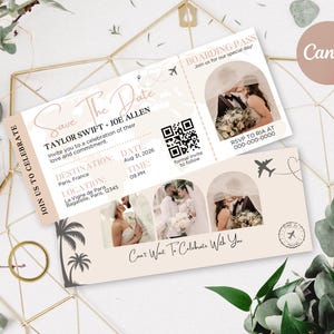May include: A wedding invitation designed as a boarding pass and a "Save the Date" card. The invitation features photos of a couple, the names Taylor Swift and Joe Allen, and event details. The color scheme is soft beige and pink.