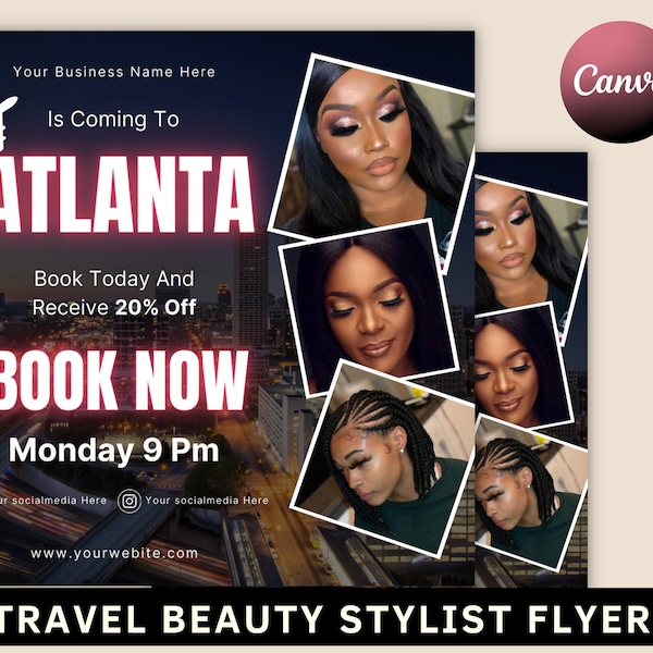 Travel Beauty Stylist Flyer, Traveling Business Flyer, DIY Book Now Appointments, Traveling Hairstylist, Editable Canva Template