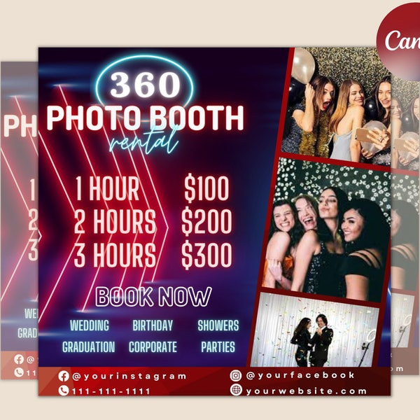 360 Photo Booth Rental Flyer | DIY Event Photography Rental Party Celebration Photobooth Social Media Instagram Editable Canva Template