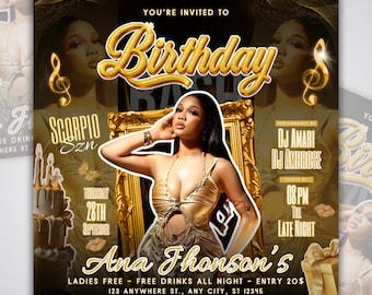 Birthday Flyer for Her | Editable Canva Girl Celebration Party Invitation | Custom Bday Bash Social Media Template