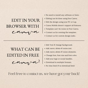 May include: A graphic design tutorial explaining how to edit a template in Canva. The text reads "Edit in your browser with Canva" and "What can be edited in free Canva?" The text also lists features that can be edited for free, such as text, background, elements, font, and more. The text also states that there is no time limit or download limit for free editing.
