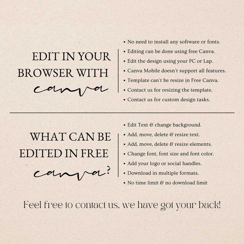 May include: A graphic design tutorial explaining how to edit a template in Canva. The text reads "Edit in your browser with Canva" and "What can be edited in free Canva?" The text also lists features that can be edited for free, such as text, background, elements, font, and more. The text also states that there is no time limit or download limit for free editing.