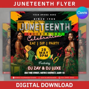 Puede incluir: Un folleto digital para una celebración del Día de la Libertad del Juneteenth. El diseño presenta el texto "Juneteenth" en letras grandes y en negrita, con las palabras "Freedom Day Celebration" debajo. El folleto incluye los detalles del evento.