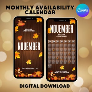 May include: A digital download of a November calendar with a woodgrain background and fall-themed decorations. The calendar is available for booking appointments. The text "SEND DM TO BOOK OR CALL-123-555-55555" is at the bottom of the calendar.
