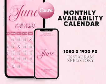 Instagram Story Calendar, Black and Pink Calendar Instagram Template, Lash Tech Nail Tech Appointment,2026 June Calendar Canva Template