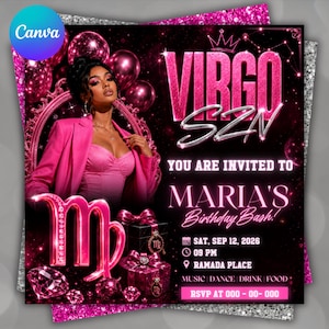 May include: A digital birthday invitation flyer featuring a person in a pink blazer and top, with the text VIRGO SZN, YOU ARE INVITED TO MARIA'S Birthday Bash!, SAT, SEP 12, 2026, 09 PM, RAMADA PLACE, MUSIC, DANCE, DRINK, FOOD, and RSVP AT 000-00-000.