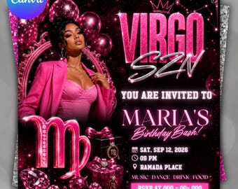 Flyer para festa de aniversário de Virgem, festa de Virgem, festa para a diva de Virgem, flyer da temporada de Virgem com tema rosa, modelo do Canva