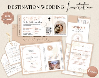 Faire-part de mariage passeport, faire-part de mariage à destination, faire-part de mariage, mariage à thème de voyage, forfait mariage de voyage, billet de mariage