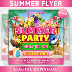 May include: A digital summer party flyer featuring a bamboo sign with the text SUMMER PARTY, SUNDAY JUNE 22ND, and SPECIAL GUEST: DJ SMITH. The design includes flamingos, tropical drinks, a coconut, a beach ball, and the address 123 OCEAN AVENUE MIAMI, FL 33101.