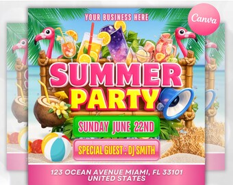 Summer Party Flyer, Pool Party Flyer, Summer Break Party Flyer, Diy Summer Beach Party, Dj Pool party flyer, Party Invitationr, Beach Flyer
