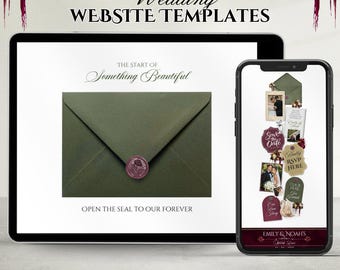 Olive Green & Burgundy Floral Wedding Website with RSVP, Digital Save The Date Invite, Animated Wedding Website Canva (Digital Download)