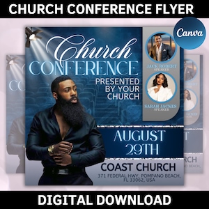 May include: A flyer for a church conference on 29th August. The flyer features a blue and white colour scheme with a photo of a man in a suit and a woman in a dress. The text on the flyer reads "Church Conference" and "Presented by Your Church". The flyer also includes the name of the church, "Coast Church", and the address, "371 Federal Hwy, Pompano Beach, FL 33062, USA".