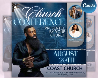 May include: A flyer for a church conference on August 29th. The flyer features a blue and white color scheme with a photo of a man in a suit and a woman in a dress. The text on the flyer reads "Church Conference" and "Presented by Your Church". The flyer also includes the name of the church, "Coast Church", and the address, "371 Federal Hwy, Pompano Beach, FL 33062, USA".