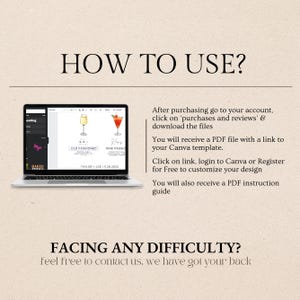 May include: A laptop screen displaying a Canva design template for a wedding drink menu. The menu features two cocktails, an Old Fashioned and a Pink Passion, with illustrations of each drink. The text on the screen reads "How to Use?" and provides instructions for downloading and customizing the template.