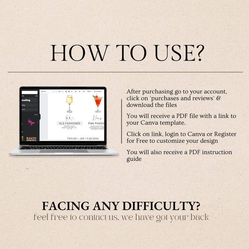 May include: A laptop screen displaying a Canva design template for a wedding drink menu. The menu features two cocktails, an Old Fashioned and a Pink Passion, with illustrations of each drink. The text on the screen reads "How to Use?" and provides instructions for downloading and customizing the template.