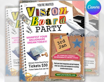 May include: A digital flyer for a Vision Board Party, featuring a colorful design with the text "Vision Board Party." The flyer includes details about the event, such as the date, "3rd Jan," and the ticket price. The flyer also includes the text "Digital Download."