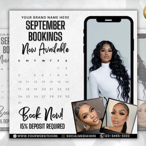 以下が含まれることがあります： 9月のハイライト表示された白黒の暦。テキスト「September Bookings Now Available」は太字の黒で書かれています。暦はざらざらした質感の白い背景に置かれています。テキスト「Book Now! 15% Deposit Required」は暦の下に黒で書かれています。テキスト「WWW.YOURWEBSITEHERE」は「Book Now! 15% Deposit Required」の下に黒で書かれています。