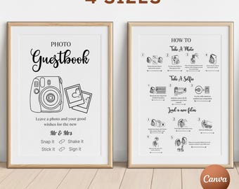 Instrucciones para Instax mini 12, plantilla para libro de visitas de boda, libro de visitas Polaroid (8x10 y 5x7 A4), cómo tomar una foto, cómo cargar una película nueva
