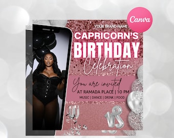 Capricorn Birthday Flyer, Pink Birthday Template, Birthday Girl, Party Flyer, Celebration Flyer, Birthday Event, Birthday Invite Canva Flyer