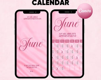 Instagram Story Calendar, Black and Pink Calendar Instagram Template, Lash Tech Nail Tech Appointment,2026 June Calendar Canva Template