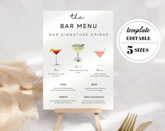 May include: A printable bar menu sign with a watercolor illustration of three cocktails. The sign has the text "the BAR MENU" and "OUR SIGNATURE DRINKS". The cocktails are labeled "Hu", "Qus", and "Hers" with their ingredients listed below.