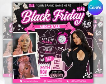 Black Friday Flyer,Black And Pink Friday Sale Flyer,Black Friday Special Sale For November Hair,Nails,Lashes,Braids,boutique, Canva Editable