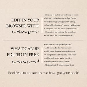 May include: A text-based graphic with the words "Edit in your browser with Canva" and "What can be edited in free Canva?"  The graphic lists features that can be edited in the free version of Canva, such as text, background, elements, font, and social handles. It also states that there is no time limit or download limit for the free version.