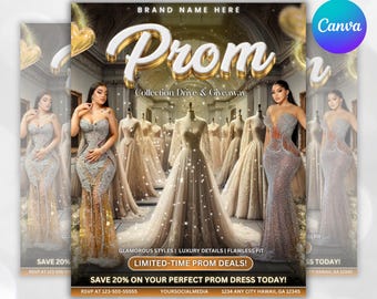 May include: A promotional flyer for prom dresses. The flyer features the word "Prom" in a large, elegant font, with images of glamorous gowns and models. Text includes "Collection Drive & Giveaway" and "Limited-Time Prom Deals!"