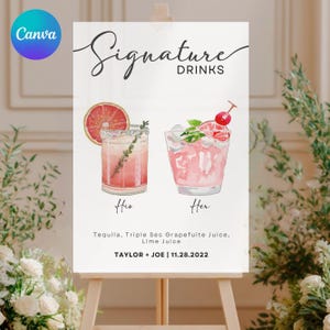 以下が含まれることがあります： Signature Drinksと題された白い長方形の看板。HisとHerとラベル付けされた2つのカクテルの水彩画が描かれています。テキーラ、トリプルセック、グレープフルーツジュース、ライムジュースの材料名と、Taylor + Joe、11.28.2022という日付が記載されています。