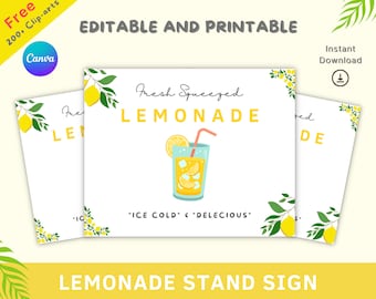 May include: Editable and printable lemonade stand sign with a yellow background and green leaves. The sign says "Fresh Squeezed Lemonade" with a glass of lemonade and ice cubes. The text also says "Ice Cold & Delicious".
