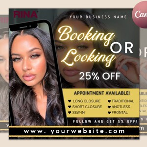 Booking Or Looking Appointment Flyer | DIY Book Now Available | Social Media Instagram | Hair Lashes Nails Wigs Makeup | Canva Template