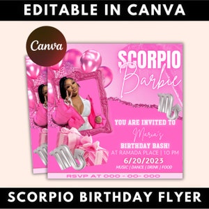 Folheto editável de aniversário de Escorpião, modelo de aniversário, aniversariante, folheto de aniversário rosa, temporada de Escorpião, folheto de festa, folheto de celebração
