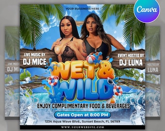 Folleto para fiesta en la piscina "Wet And Wild", folleto para fiesta de verano en la playa, invitación para fiesta con DJ, folleto para fiesta urbana, folleto para evento, plantilla editable de Canva