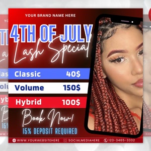 4th of July Flyer, 4th of July Lash Special Flyer, Independence Day Flyer, DIY Flyer Template,Social Media Post,Canva Flyer,Instant Download