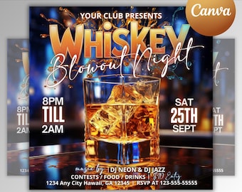 May include: A flyer for a whiskey blowout night at a club. The flyer features a glass of whiskey with ice cubes, the text "Whiskey Blowout Night", and the date "Sat 25th Sept".
