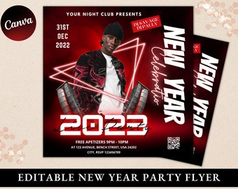 May include: A red and black New Year's Eve party flyer with a photo of a person wearing a black beanie and jacket. The flyer includes the text "2023 Live Party" and event details. The flyer is editable.