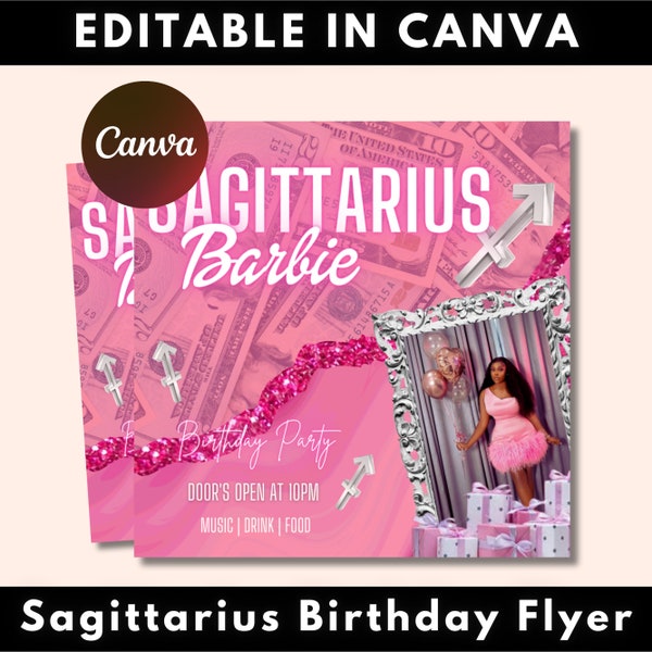 Editable Sagittarius Birthday Flyer, Birthday Template, Birthday Girl, Pink Birthday Flyer, Sagittarius, Party Flyer, Celebration Flyer